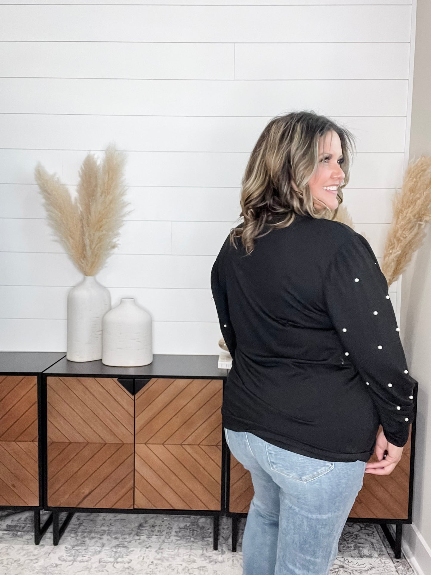 "Snazzy" Long Balloon Sleeve with Pearl Accents (Black)