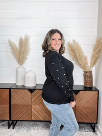 "Snazzy" Long Balloon Sleeve with Pearl Accents (Black)