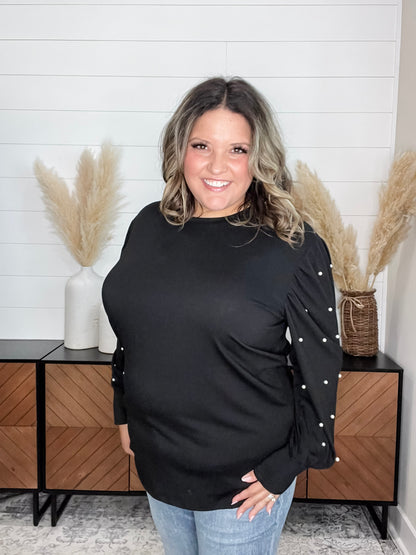 "Snazzy" Long Balloon Sleeve with Pearl Accents (Black)
