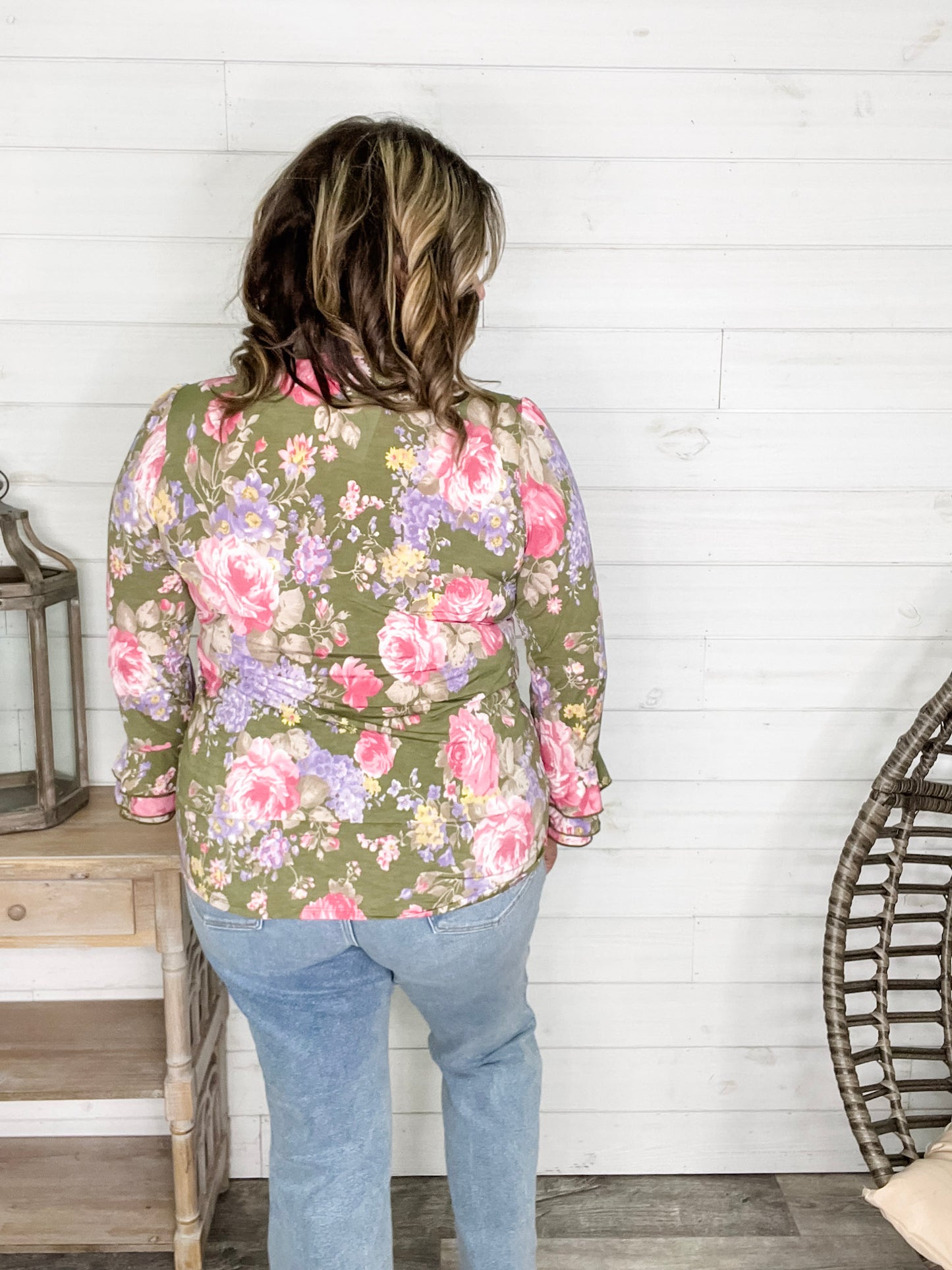 "Jump Right In" Ruffle Long Sleeve Collared V Neck with Button Detail