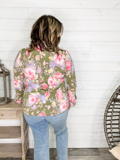 "Jump Right In" Ruffle Long Sleeve Collared V Neck with Button Detail