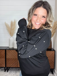 "Snazzy" Long Balloon Sleeve with Pearl Accents (Black)