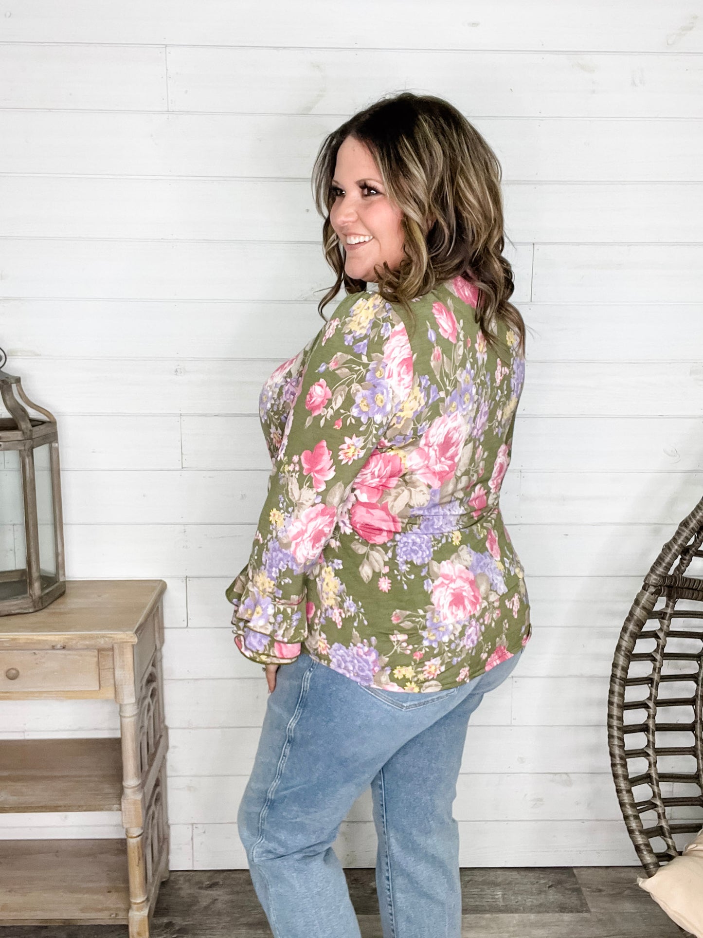 "Jump Right In" Ruffle Long Sleeve Collared V Neck with Button Detail