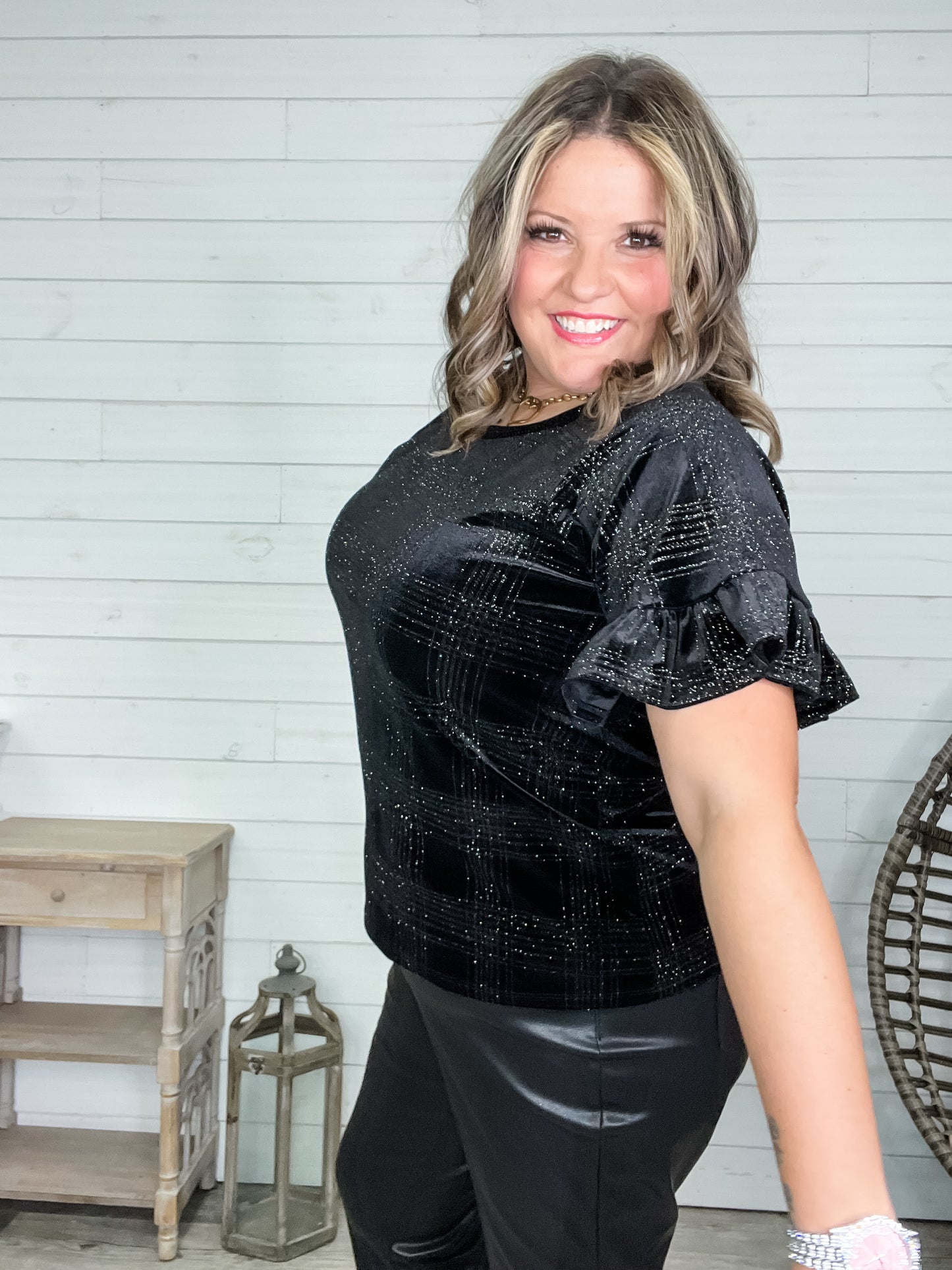 "Chimney" Glitter Velour Short Puff Sleeve Black on Black Plaid
