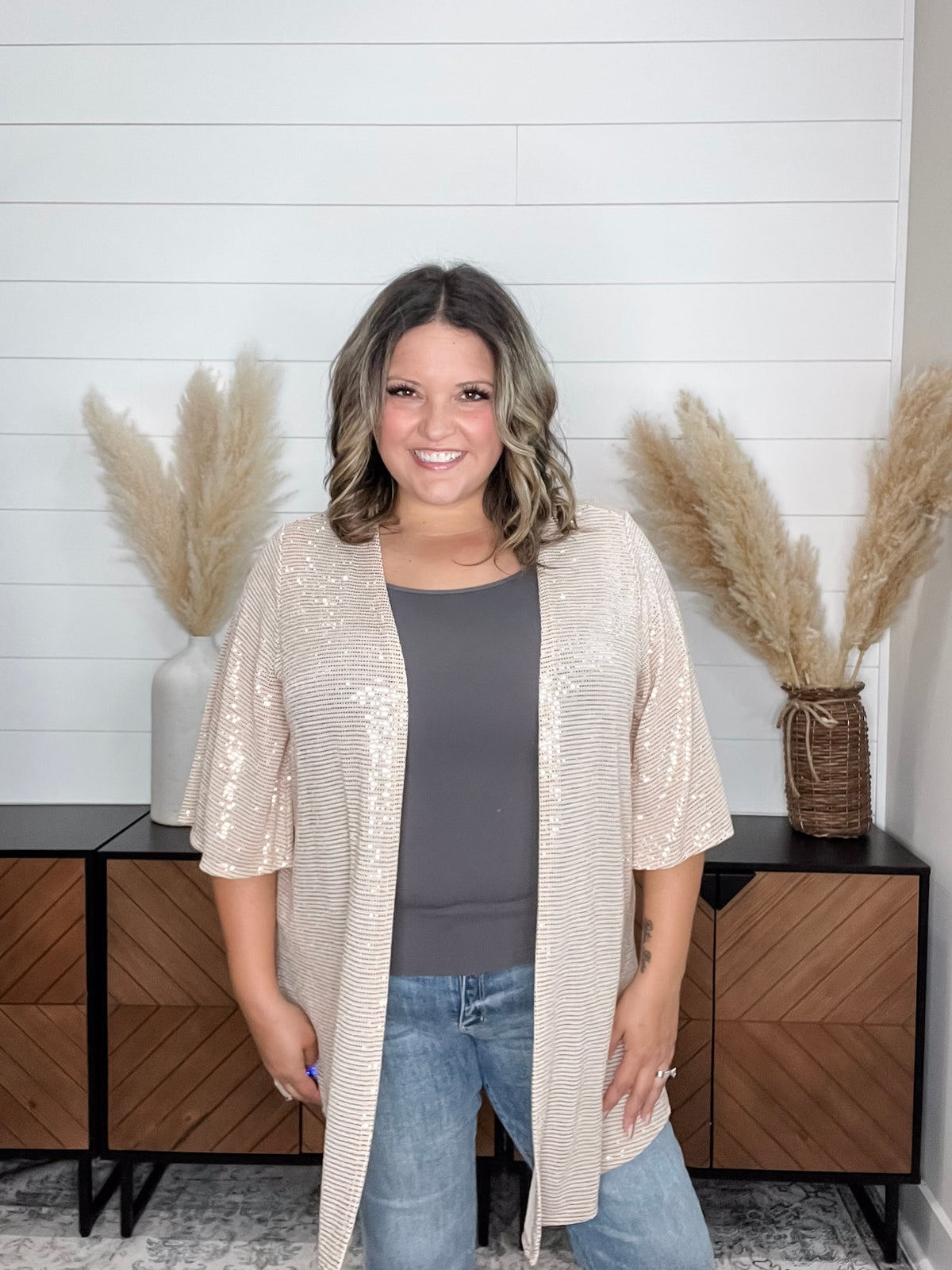 Dear Scarlett "Roosevelt" Short Sleeve Sparkle Cardigan with Double Ruffle Sleeve (Champagne)