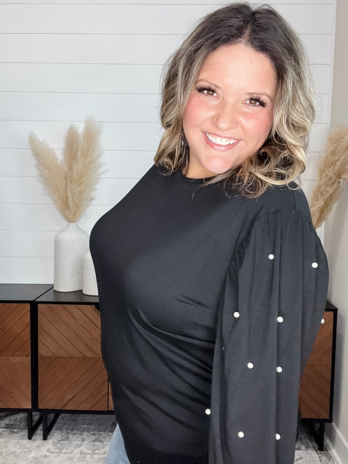 "Snazzy" Long Balloon Sleeve with Pearl Accents (Black)