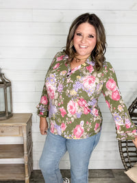 "Jump Right In" Ruffle Long Sleeve Collared V Neck with Button Detail