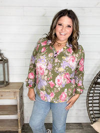 "Jump Right In" Ruffle Long Sleeve Collared V Neck with Button Detail