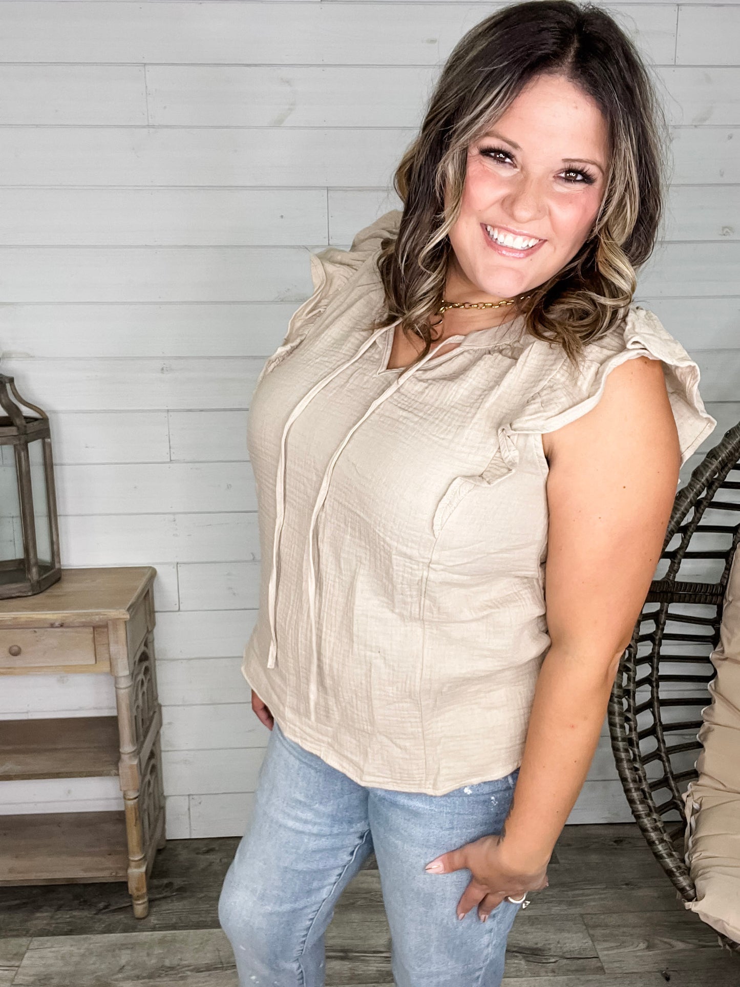"Wheatland" Ruffle Cap V Neck with Tie Detail (Taupe)