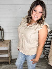"Wheatland" Ruffle Cap V Neck with Tie Detail (Taupe)