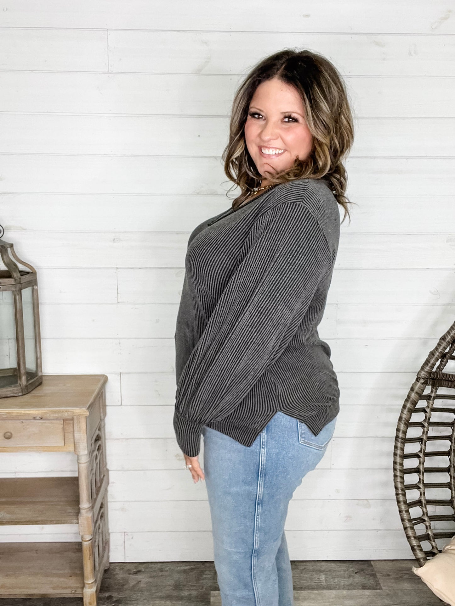 "If You Say So" V Neck Long Sleeve Ribbed Weekender