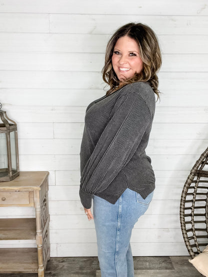 "If You Say So" V Neck Long Sleeve Ribbed Weekender