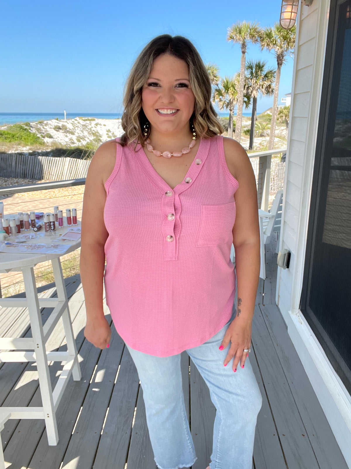"Caldwell" Waffle Texture Tank with Chest Pockets and Faux Buttons (Pink)