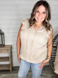 "Wheatland" Ruffle Cap V Neck with Tie Detail (Taupe)