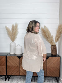 Dear Scarlett "Roosevelt" Short Sleeve Sparkle Cardigan with Double Ruffle Sleeve (Champagne)