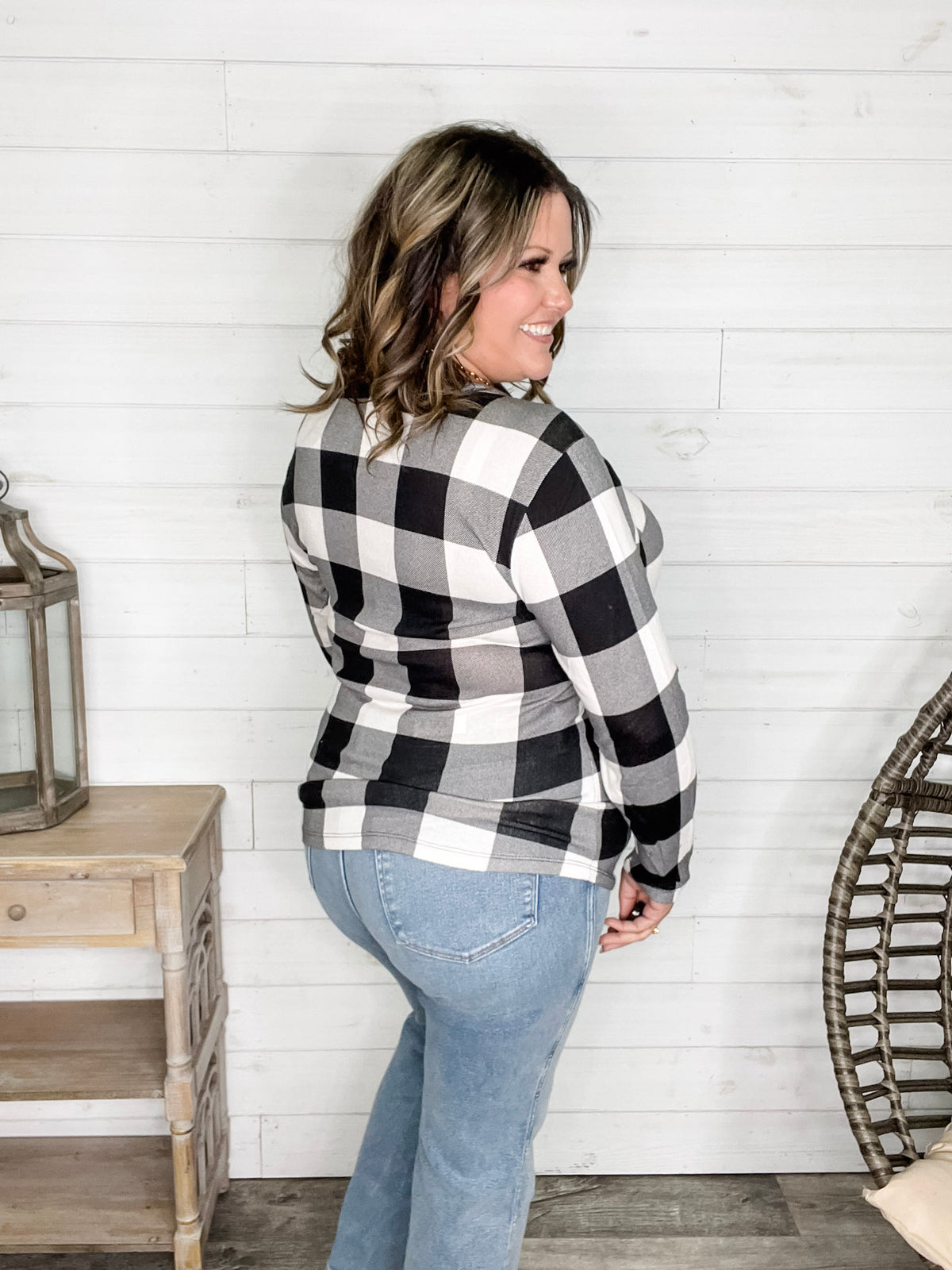 "Mindy" Black & White Check with Criss Cross & Lace Front Detail