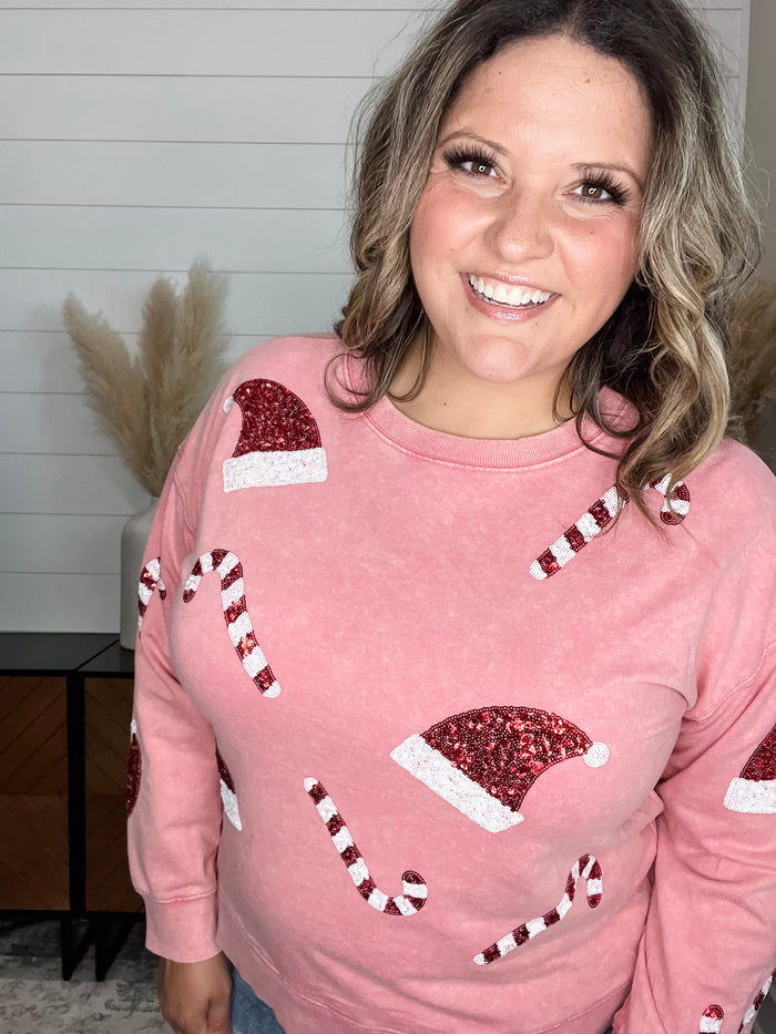 Sequin Candy Cane & Hat Long Sleeve