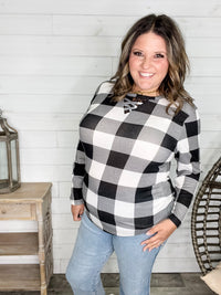 "Mindy" Black & White Check with Criss Cross & Lace Front Detail