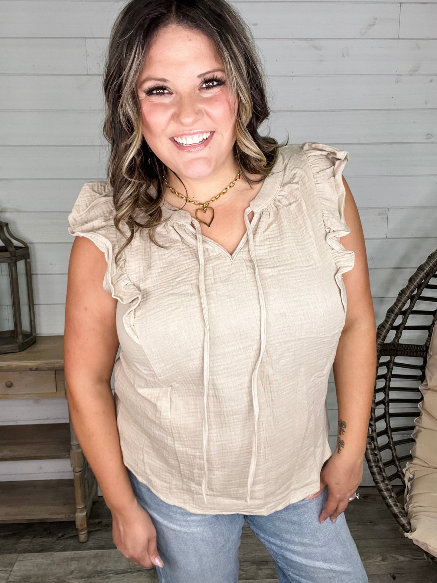 "Wheatland" Ruffle Cap V Neck with Tie Detail (Taupe)