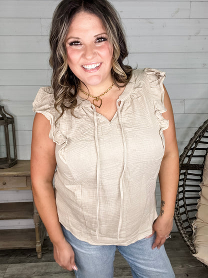 "Wheatland" Ruffle Cap V Neck with Tie Detail (Taupe)