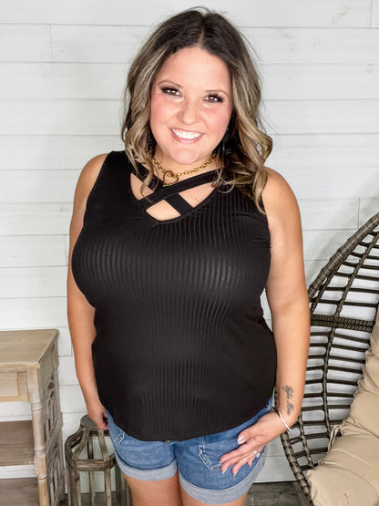 "Everett" Ribbed Tank Top With Criss Cross Front (Black)