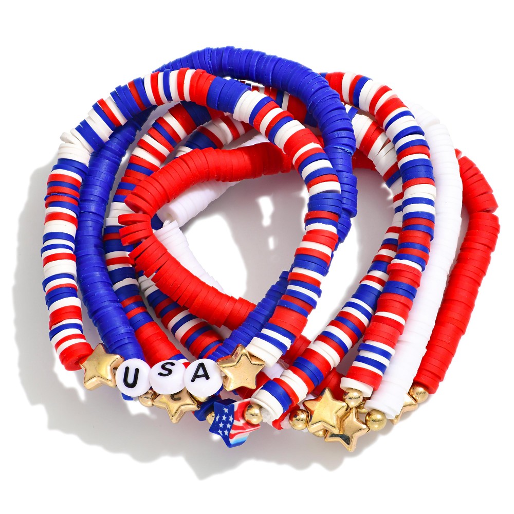 Set Of Six American Flag Themed Stretch Bracelets (USA)