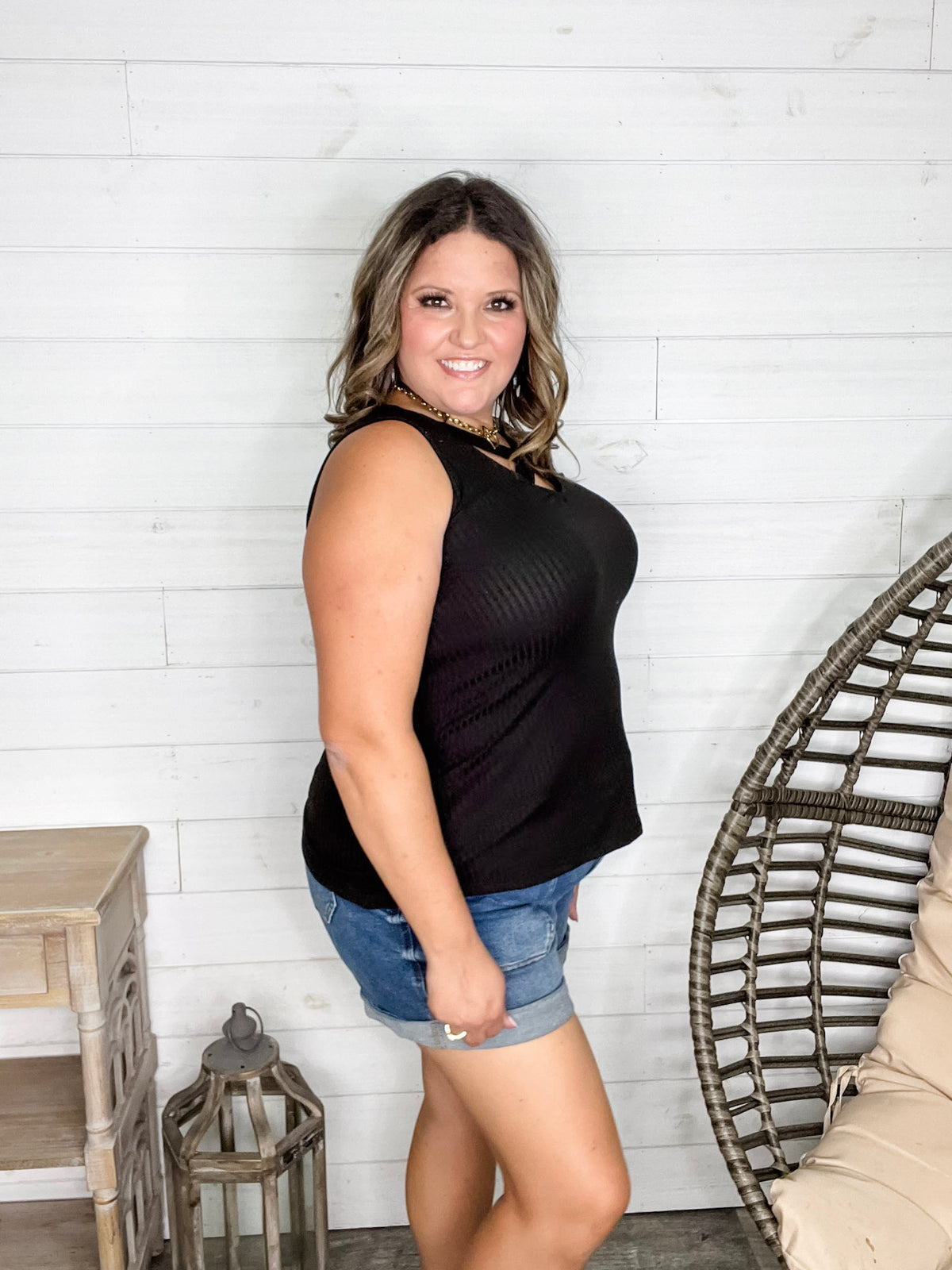 "Everett" Ribbed Tank Top With Criss Cross Front (Black)