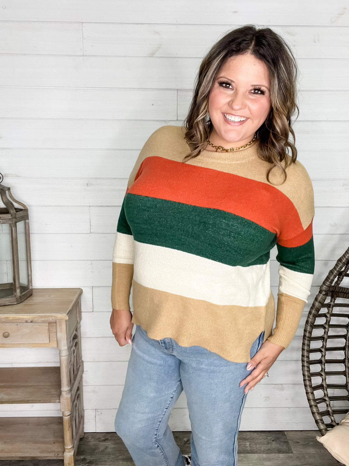 "Lindy" Long Sleeve Round Neck Stripe Sweater