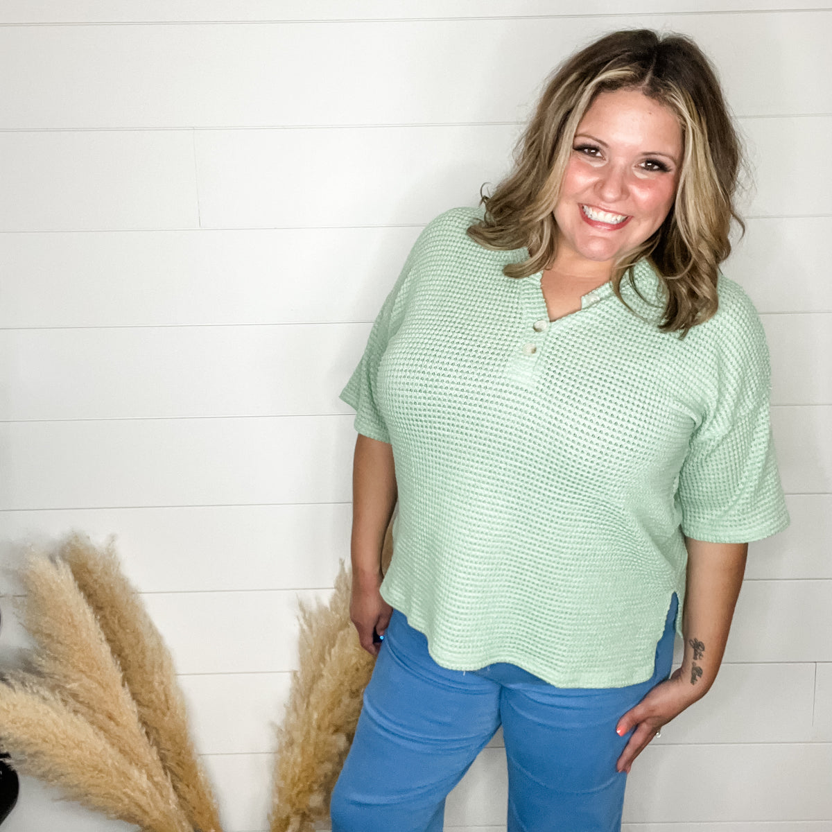"Honey Bee" Short Sleeve Faux Button Detail Waffle Texture Tops (Sage)