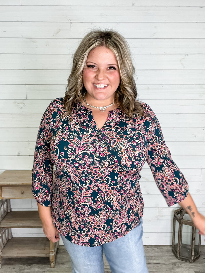 "Oval" 3/4 Sleeve Button Front Lizzy Luxe