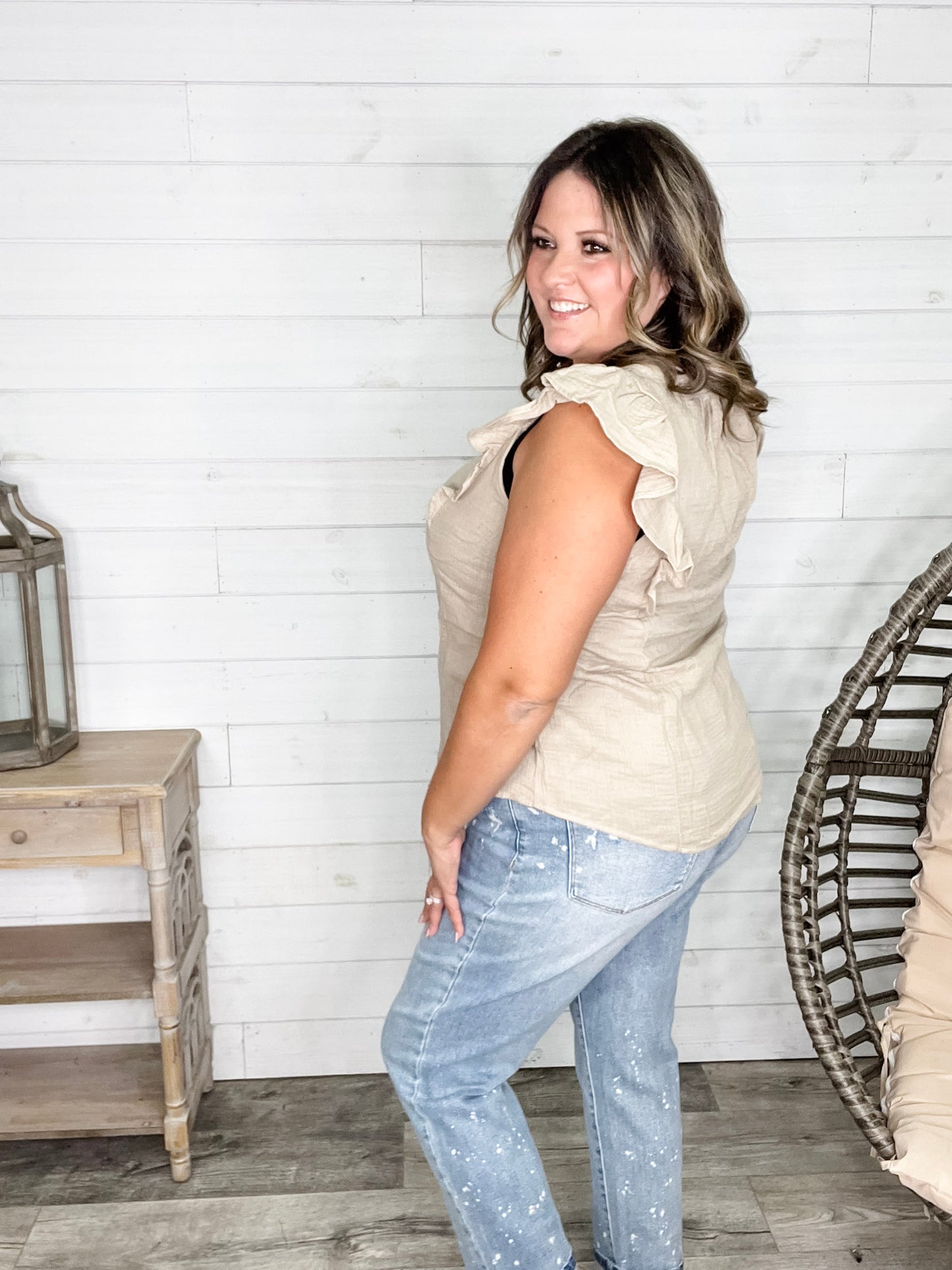 "Wheatland" Ruffle Cap V Neck with Tie Detail (Taupe)
