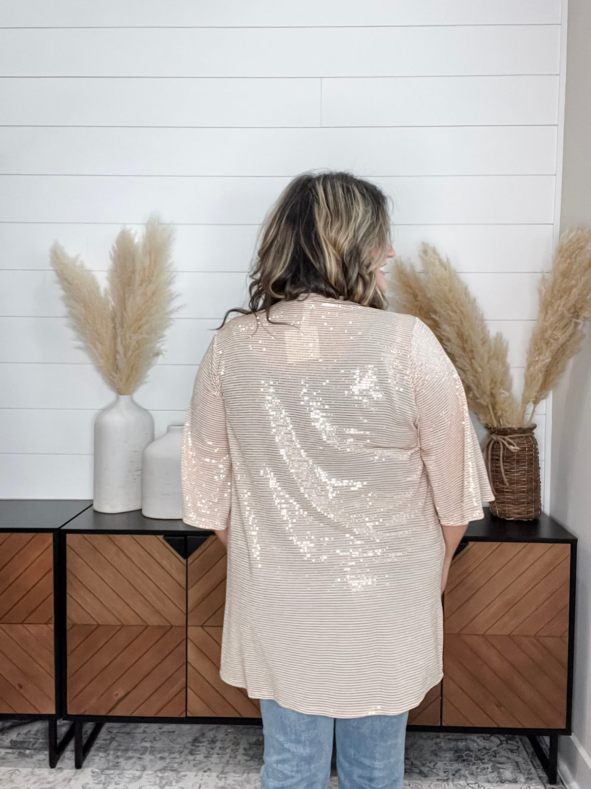 Dear Scarlett "Roosevelt" Short Sleeve Sparkle Cardigan with Double Ruffle Sleeve (Champagne)