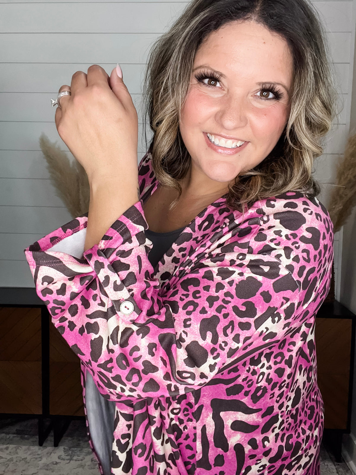 "Turntable" Animal Print Cardigan with 3/4 Sleeve Button Detail