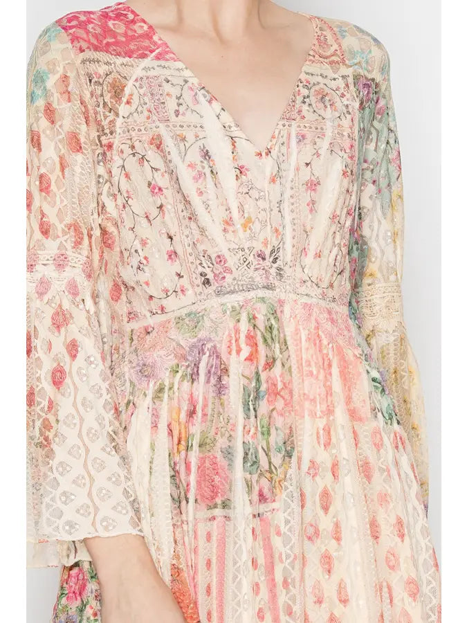 "Country In The Park" Long Sleeve V Neck Lace Dress (Patchwork)
