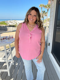 "Caldwell" Waffle Texture Tank with Chest Pockets and Faux Buttons (Pink)