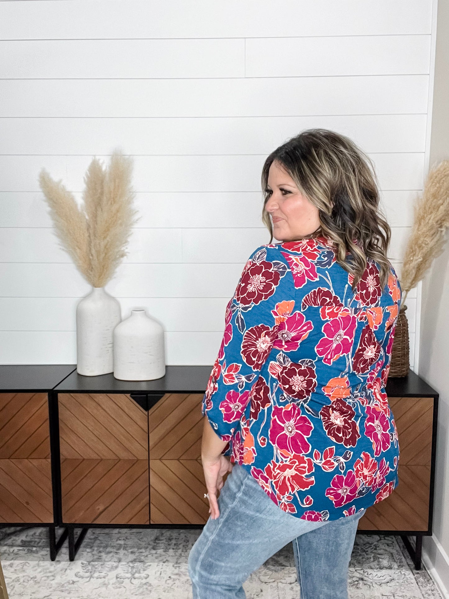 "Off Guard" Floral Lizzy 3/4 Sleeve Split Neck