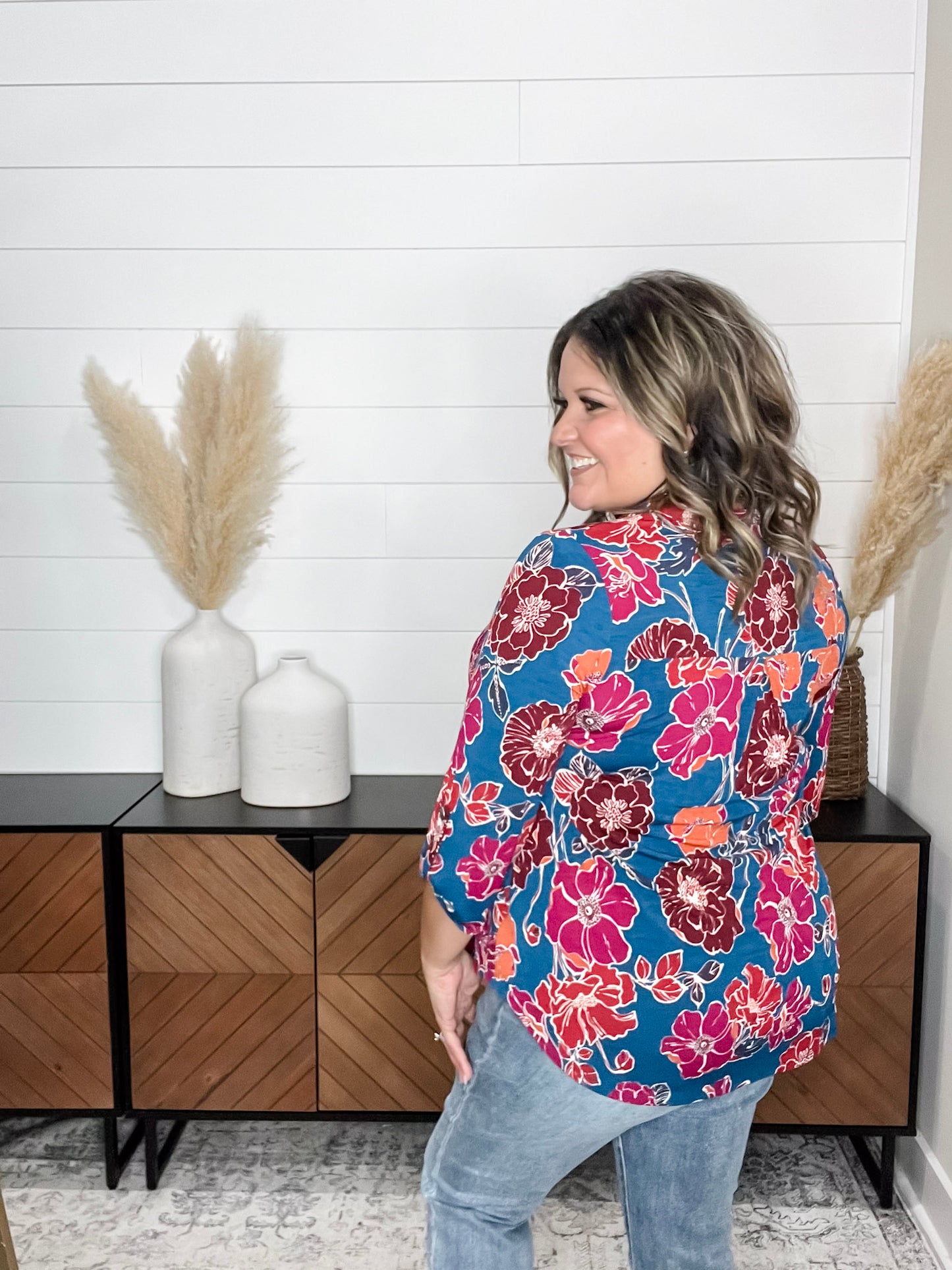 "Off Guard" Floral Lizzy 3/4 Sleeve Split Neck