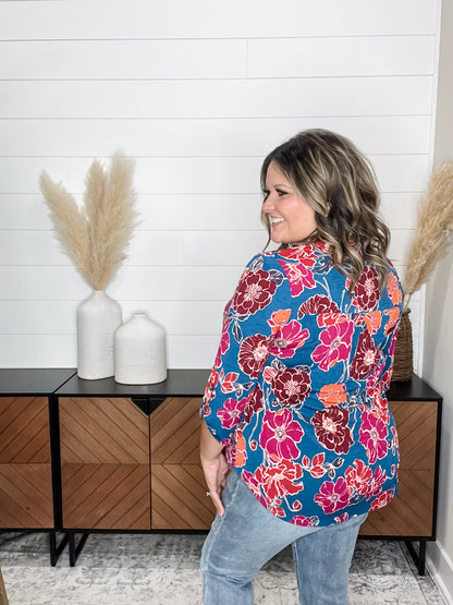 "Off Guard" Floral Lizzy 3/4 Sleeve Split Neck