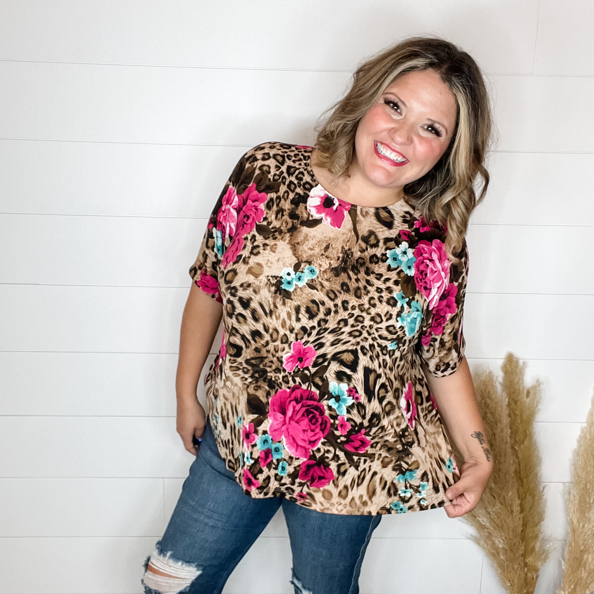 "Buzzy" Floral and Animal Print Cuffed Short Sleeve