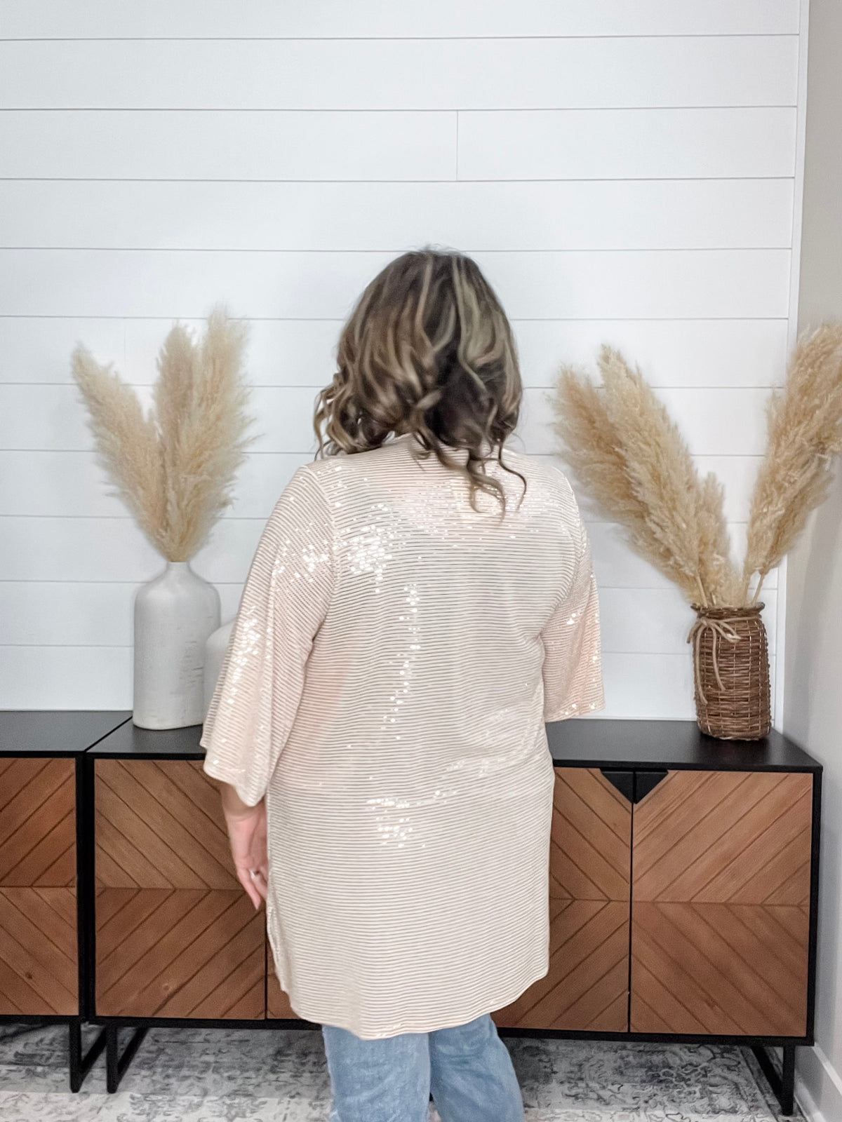 Dear Scarlett "Roosevelt" Short Sleeve Sparkle Cardigan with Double Ruffle Sleeve (Champagne)