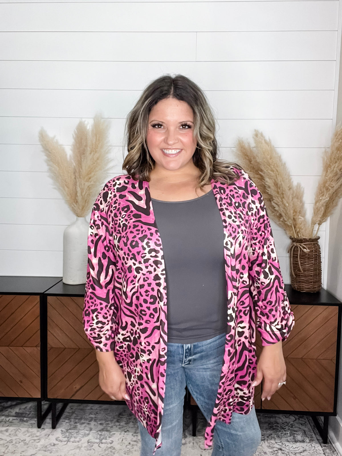 "Turntable" Animal Print Cardigan with 3/4 Sleeve Button Detail