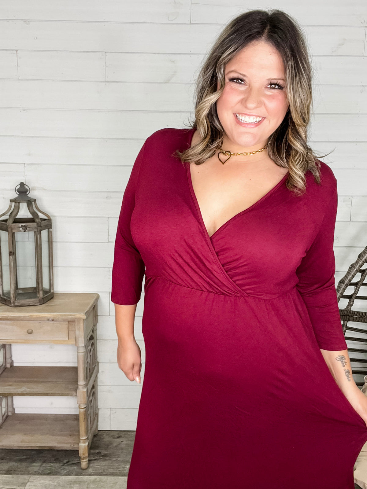Solid 3/4 Sleeve Wrap Dress with Pockets (Burgundy)