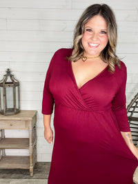 Solid 3/4 Sleeve Wrap Dress with Pockets (Burgundy)