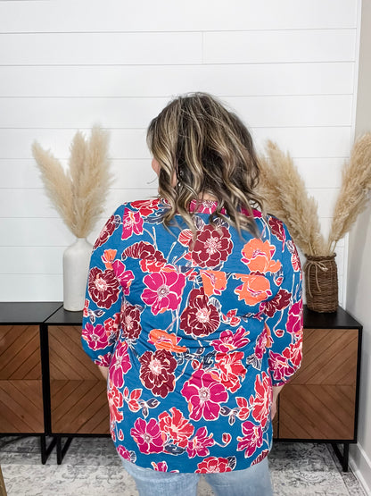 "Off Guard" Floral Lizzy 3/4 Sleeve Split Neck