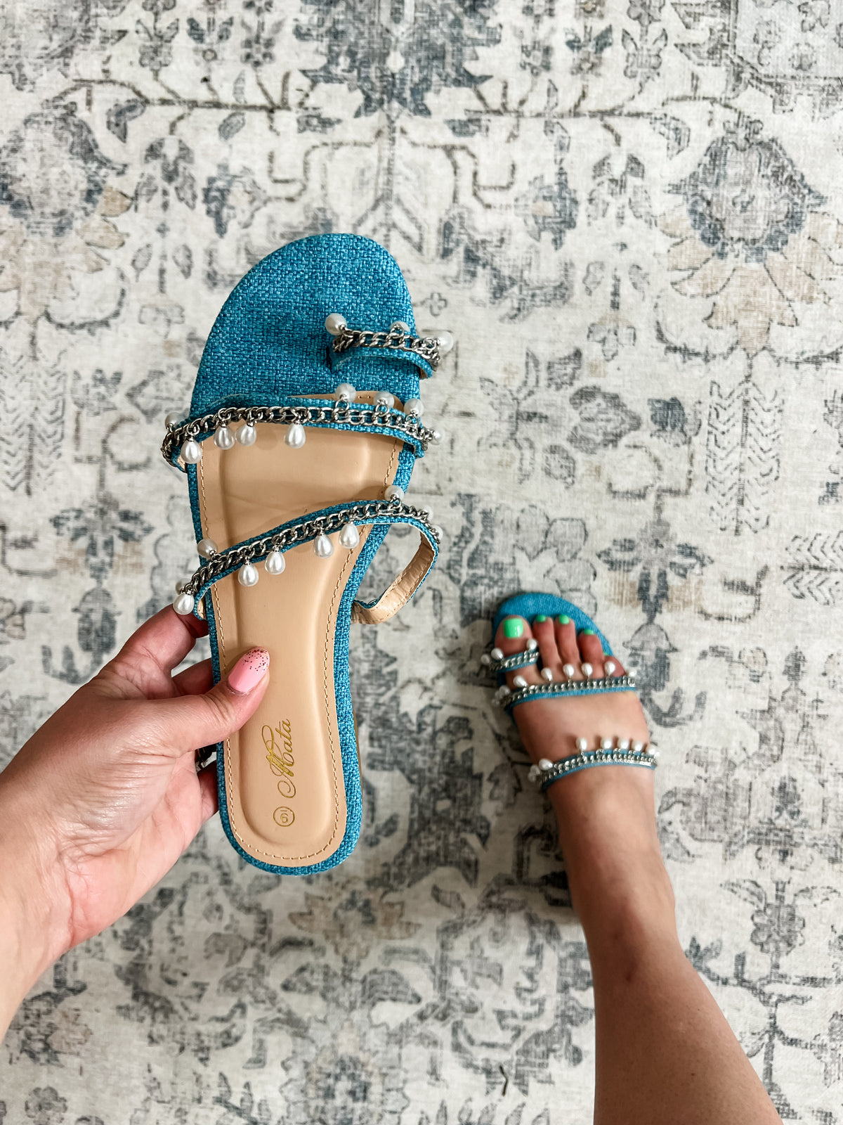 "Engaged" Pearl Embellished Flat Sandal (Denim)