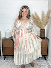 "Country In The Park" Long Sleeve V Neck Lace Dress (Patchwork)