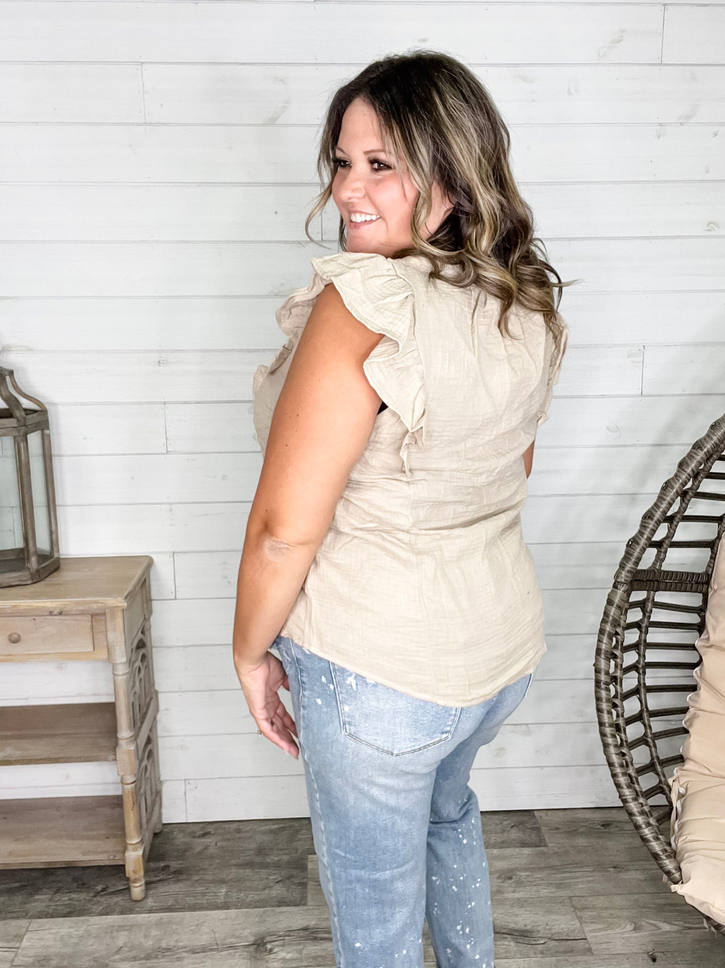 "Wheatland" Ruffle Cap V Neck with Tie Detail (Taupe)