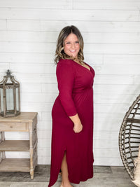 Solid 3/4 Sleeve Wrap Dress with Pockets (Burgundy)