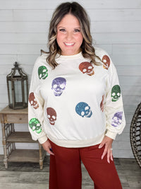 Sequin Skull Crewneck Long Sleeve