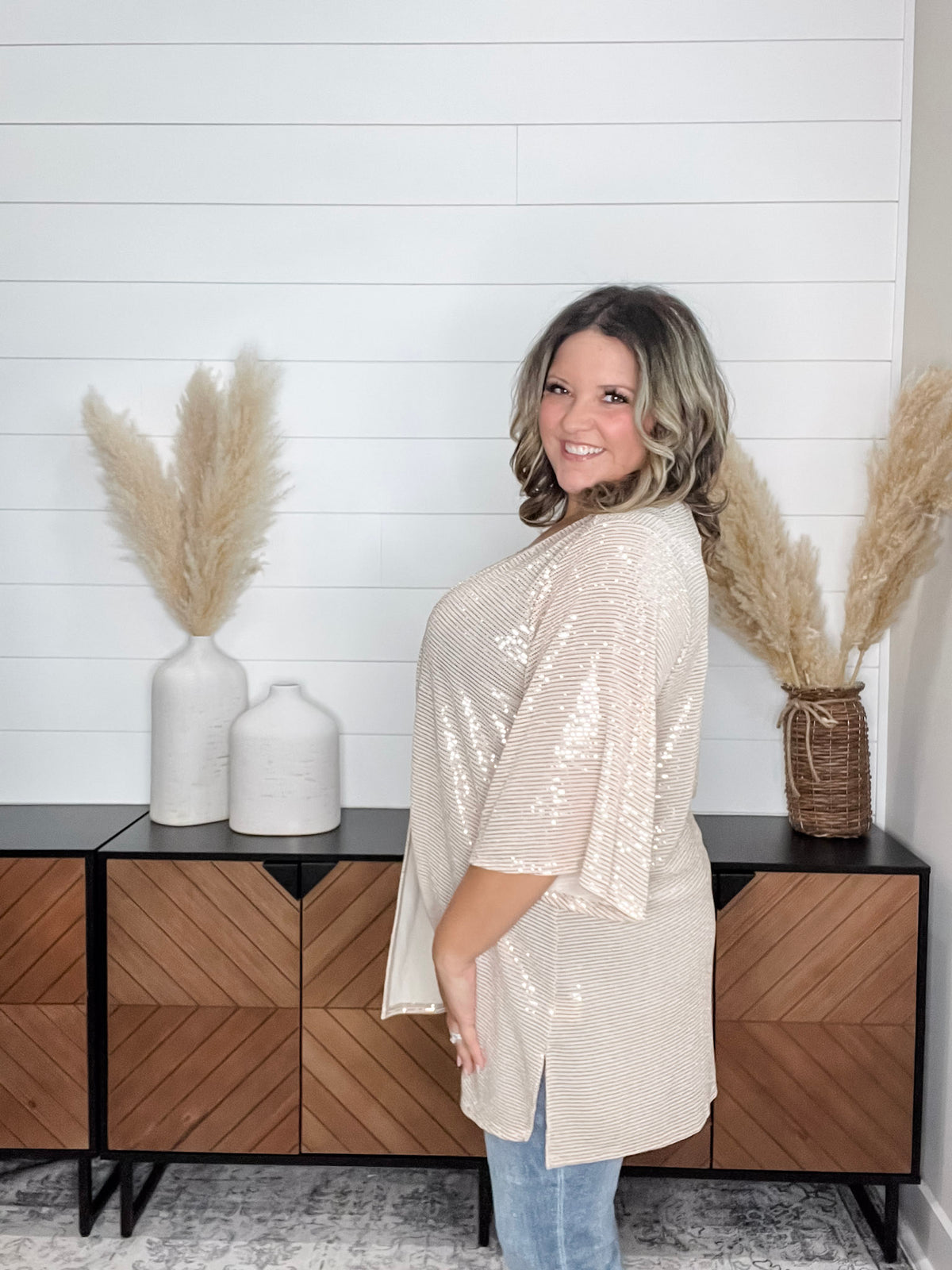 Dear Scarlett "Roosevelt" Short Sleeve Sparkle Cardigan with Double Ruffle Sleeve (Champagne)